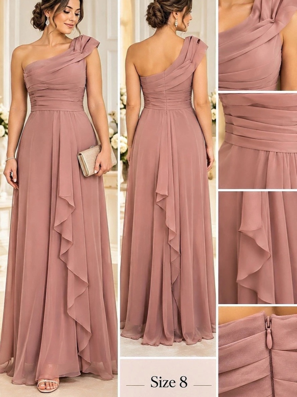Formal Dress One-Shoulder Ruffle Maxi Dress in Pink Size 8 NWT